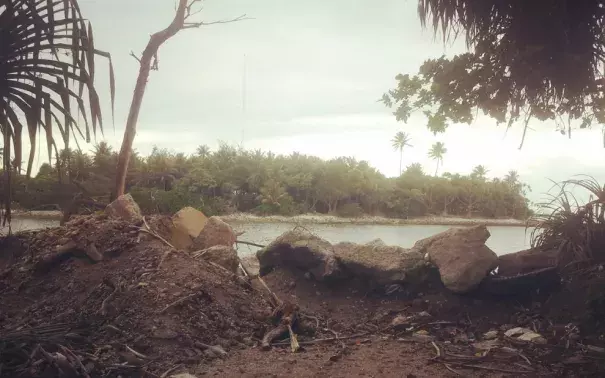 An improvised sea wall at the edge of Majuro Atoll pictured on April 14, 2015. It is the most vulnerable part of the atoll, and residents there have experienced increasingly frequent flooding. Photo: Renee Lewis, Al Jazeera
