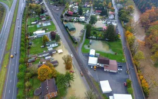 This is an aerial picture of Milesburg, which experienced flooding Friday. Photo: Justin Melanson