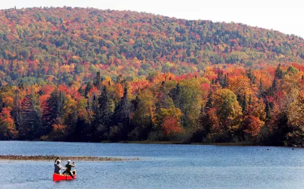The leaves on trees near the White Mountains in northern New Hampshire wore brilliant reds, yellows and oranges in 2014. Warmer temperatures and extreme weather, however, could mute fall tones and affect the length of the leaf-peeping season. (Jim Cole/AP)