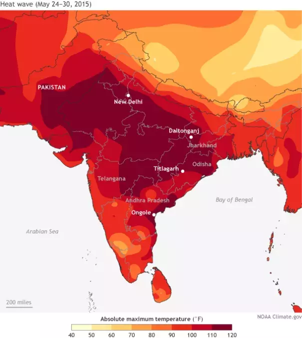 Hottest daytime high temperature during the week May 24-30, 2015. NOAA Climate.gov map by Fiona Martin, based on interpolated weather station data provided by the India Meterological Department.