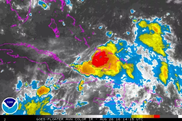 Infrared image of Invest 99L as of 1415Z (10:15 am EDT) Friday, August 26, 2016. Image: NOAA/NESDIS