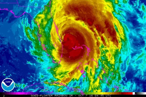 Enhanced infrared satellite image of Hurricane Matthew as of 12:45 am EDT Friday, October 7, 2016. Image: NOAA/NESDIS