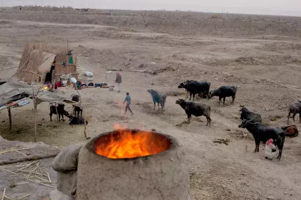 An oven burns near a family's reed hut in Chibaish, Iraq. The family moved to this area in search of water, but much of the former marshes remain desolate after years of draining and neglect. Photo: Carolyn Drake, Magnum