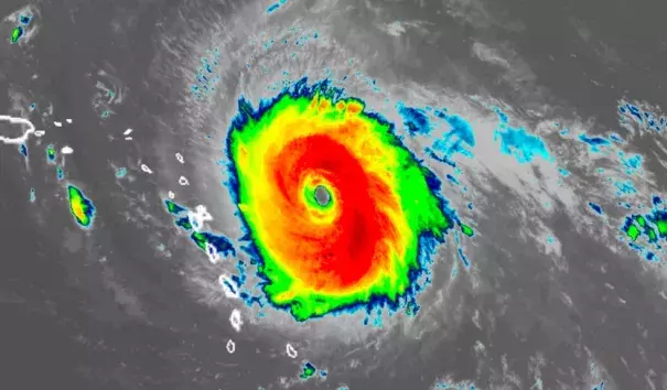 Infrared-wavelength [or visible-wavelength] GOES-16 satellite image of Category 5 Hurricane Irma as of 9 am EDT Tuesday, September 5, 2017. Image: RAMMB / CIRA@CSU