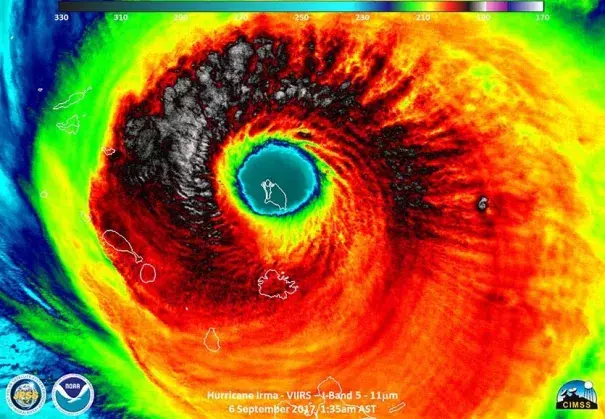 The strongest storm of 2017, Hurricane Irma, as seen in infrared by the VIIRS instrument on NOAA’s Suomi satellite at 1:35 am EDT Wednesday, September 6, 2017. At the time, the island of Barbuda was in the eye, and Irma was at peak strength--a Category 5 storm with 185 mph winds. Image: UW-Madison/CIMSS