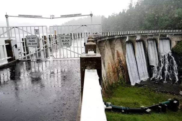 Rain falls at the Lake Tahoma Dam near Marion, N.C., on June 13. Excessive rain in the region recently led to mudslides and flooding, and many worried that the dam might be compromised, leading to evacuations. Photo: Bonnie Jo Mount, The Washington Post
