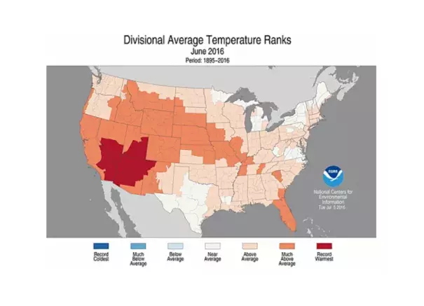 How temperatures across the contiguous U.S. compared to normal during June 2016. Click image to enlarge. Image:: NOAA