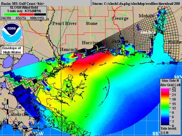 Maximum height of the storm surge above each grid cell in NOAA's SLOSH model for Hurricane Katrina of 2005. This image does not show the height above mean sea level of the surge, but rather how high the surge was above the surface. The simulated surge values compare well with the actual surge heights. Image: FEMA