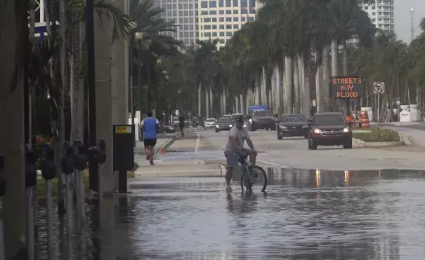 A bicyclist stops to negotiate Las Olas Boulevard, flooded by an unusually high tide known as a king tide, in Fort Lauderdale on Monday. Photo: Joe Cavaretta, South Florida Sun-Sentinel via Associated Press