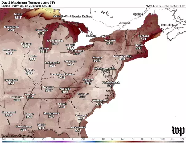 Forecast high temperatures on Friday. Credit: The National Weather Service