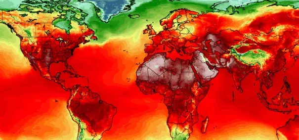 Simulation of maximum temperatures on July 3 from American (GFS) weather model at two meters above the ground. Image: University of Maine Climate Reanalyzer