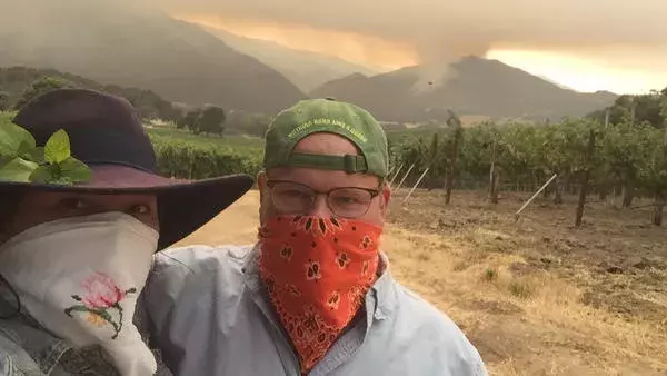 Matt and Katie Shea celebrated their first anniversary at home in the vineyard he managed. Despite an evacuation order, they stayed, to protect their home and the grapes. Photo: Courtesy of the Sheas