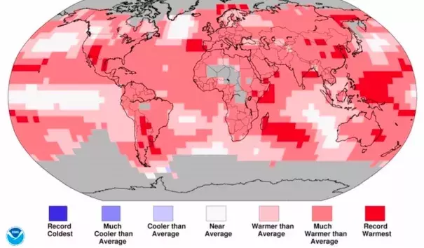 Temperature percentiles for land and ocean areas across Earth for the year 2017, as compared to the entire period from 1880 to 2017. Areas in darkest red had the warmest annual temperatures in 2017 of any year on record. Image credit: NOAA