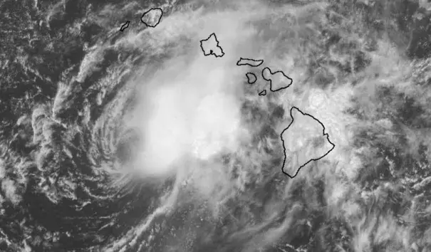 Visible satellite image of Tropical Storm Lane at 6:15 pm EDT (12:15 pm HST) Saturday, August 25, 2018. Credit: NASA/MSFC Earth Science Branch