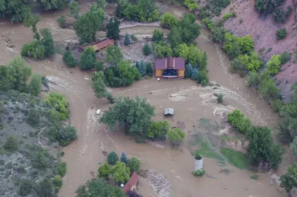 Structural damage along the Big Thompson River and Highway 34, taken from a Colorado Air National Guard helicopter. Photo: U.S. Air National Guard