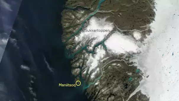 Satellite photo of the area around Maniitsoq and Sugar Loaf Mountain on Tuesday 30 July 2013. Photo: NASA’s Terra satellite