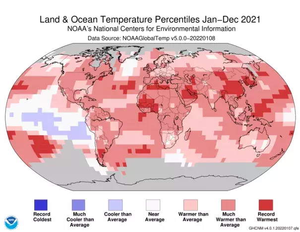 A world map plotted with color blocks depicting percentiles of global average land and ocean temperatures for the full year 2021. Color blocks depict increasing warmth, from dark blue (record-coldest area) to dark red (record-warmest area) and spanning areas in between that were "much cooler than average" through "much warmer than average." (NOAA NCEI)