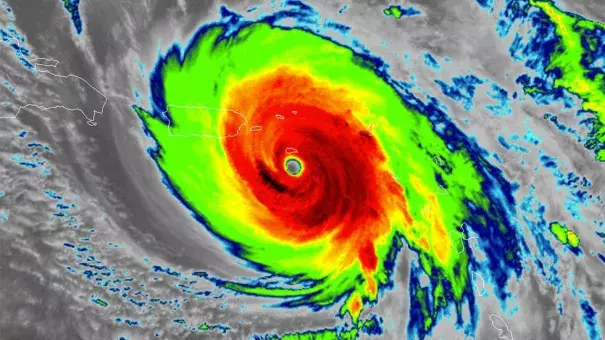 Infrared satellite image from GOES-16 of Hurricane Maria at peak intensity (Cat. 5, 175 mph winds, 908 millibars) on Sep. 20, 2017 at 12 a.m. EDT. Image: CIRA/RAMMB