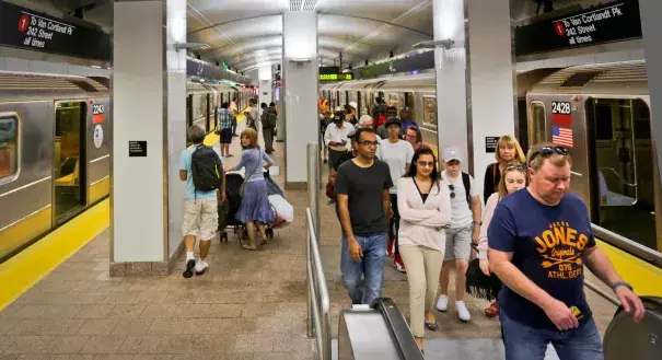 Passengers leave the No. 1 train at the South Ferry Station, Tuesday June 27, 2017, in New York. The station reopened Tuesday, nearly five years after it was flooded by Superstorm Sandy in October 2012. Photo, Bebeto Matthews