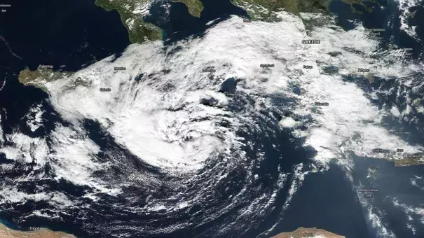 High-resolution visible image from the Suomi NPP satellite of the Mediterranean Sea tropical cyclone on October 30, 2016. Image: NASA Worldview