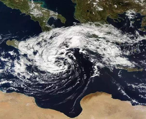 MODIS satellite image of the medicane approaching Crete taken on Sunday afternoon, October 30, 2016. John Knaff (CIRA/RAMMB/Colorado State University) produced this large-scale black-and-white satellite loop. Image: NASA