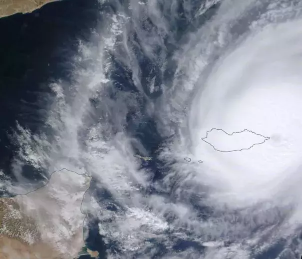 MODIS image of the eye of Tropical Cyclone Megh making landfall on Yemen's Socotra Island on November 8, 2015. At the time, Megh was a Category 3 storm with 125 mph winds. Image credit: NASA.