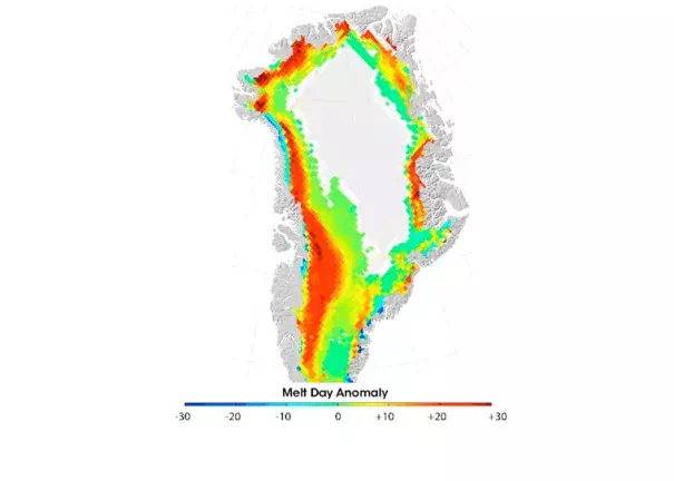 Difference between the number of melt days in 2011 and the average number of melt days during the period 1979 - 2010. Large sections of the island experienced twenty more days with melting conditions than average. Image: Arctic Report Card