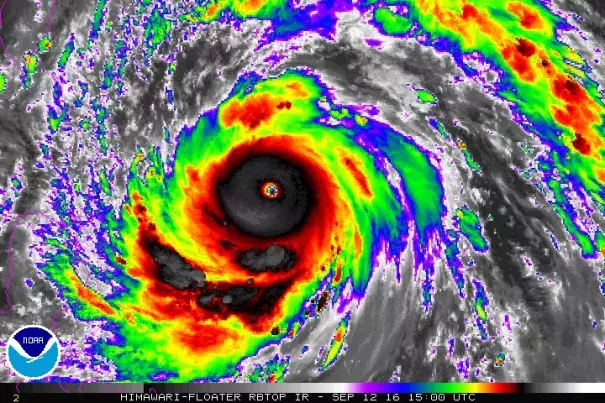 Enhanced infrared satellite image from Japan’s Himiwari-8 satellite of Typhoon Meranti at 1500Z (11:00 am EDT) Monday, September 12, 2016. Image: NOAA/NESDIS