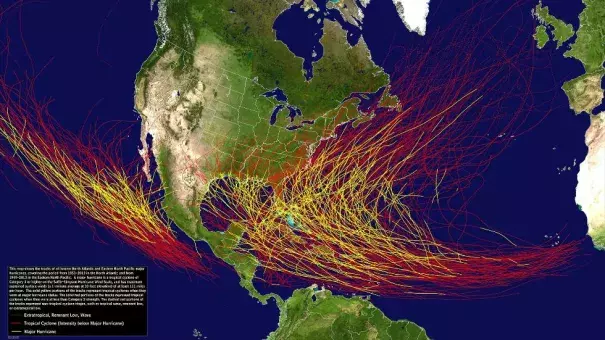 Tracks of Category 3 or stronger hurricanes (in yellow), and other hurricanes, tropical storms and tropical depressions (in red) in the Atlantic Basin from 1851-2013 and in the eastern Pacific Basin from 1949-2013. Image: National Hurricane Center