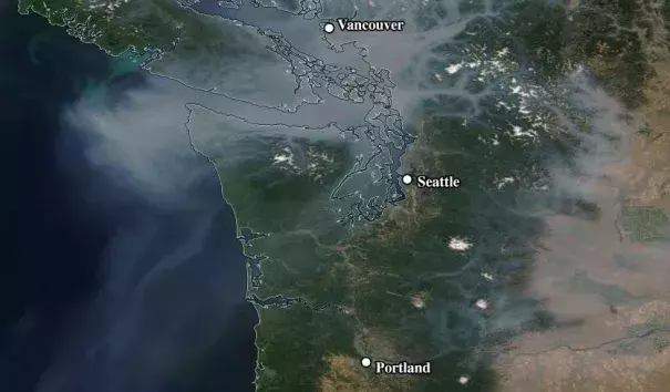 MODIS image of smoke over the Northwest U.S. and British Columbia on Wednesday morning, August 2, 2017. Image: NASA