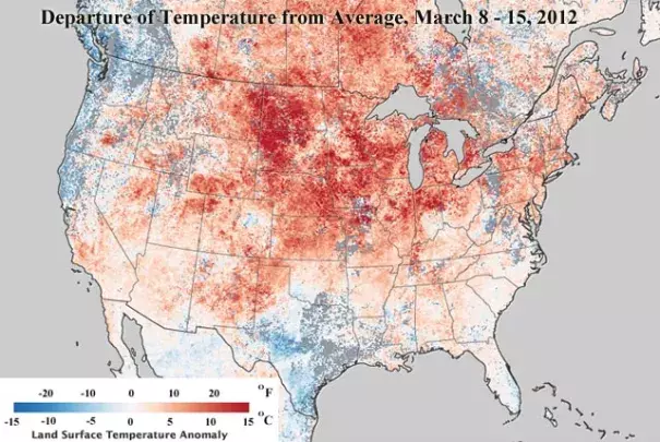 Based on satellite data, the map depicts temperatures from March 8–15 compared to the average of the same eight day period of March from 2000-2011. Image: NASA