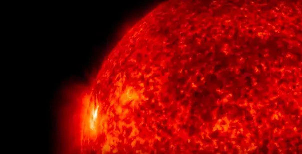Solar material bursts from the sun in this close-up from a video captured on July 9-10, 2016, by NASA’s Solar Dynamics Observatory, or SDO. The imagery is colorized here in red for easy viewing. Image: NASA/SDO/GSFC/Joy Ng