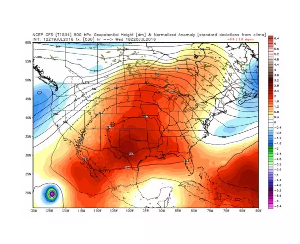 GFS model simulation of the heat dome centered on the South Central United States on Wednesday. Image: WeatherBell