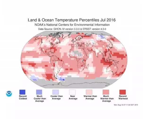 Departure of temperature from average for July 2016, the warmest July for the globe since record keeping began in 1880. Pockets of record warmth were observed across every major ocean basin and over a few land areas. Image: National Centers for Environmental Information (NCEI)