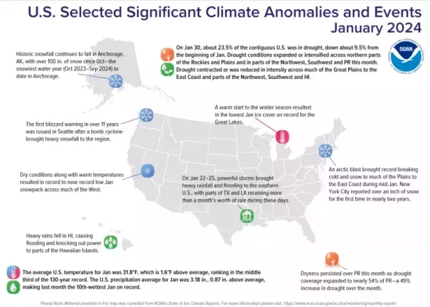 A map produced by the National Oceanic and Atmospheric Administration shows significant climate anomalies across the U.S. in January 2024. (Credit: NOAA via Newsweek)