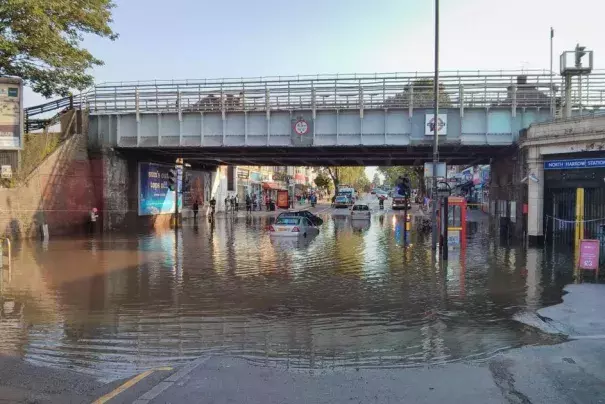 Flash flooding: The scene outside North Harrow station. Photo: Dan Hanley
