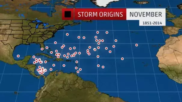 Tropical cyclone origin points for November. Photo: National Hurricane Center
