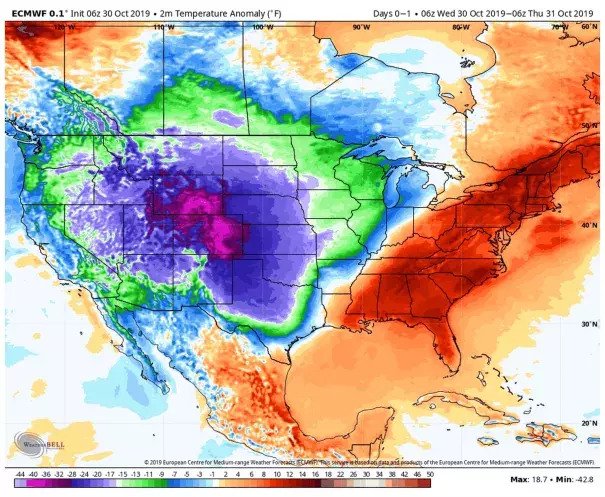 Temperature difference from normal over Lower 48 states at 2 a.m. Eastern time on Wednesday. Credit: WeatherBell.com