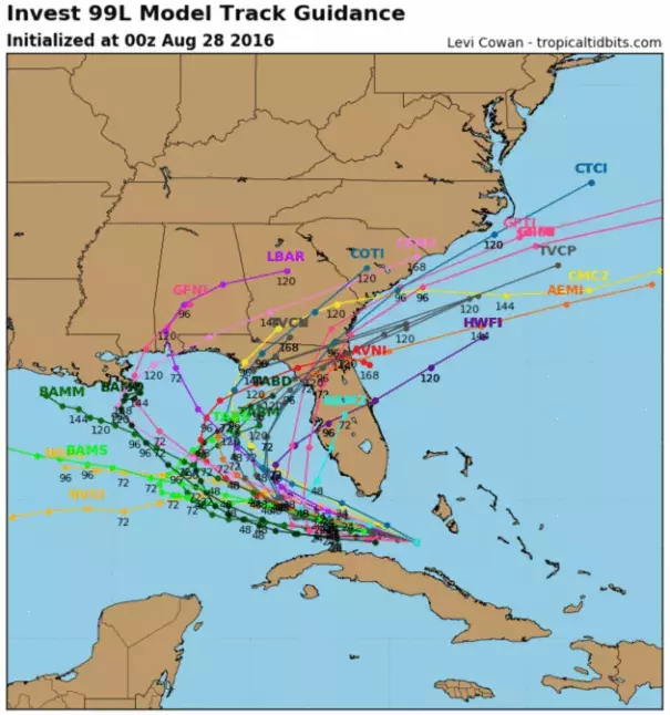 Invest 99L Model Track Guidance at 00z August 28, 2016. Image: Levi Cowan, Tropical Tidbits