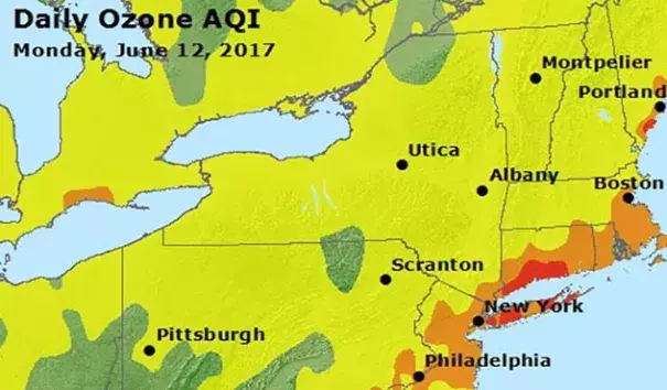 Peak ozone pollution levels for Monday, June 12, 2017, as measured using the Air Quality Index (AQI). An AQI with red colors is “Unhealthy”, meaning everyone may begin to experience health effects, and members of sensitive groups may experience more serious health effects. An AQI in the orange range is “Unhealthy for Sensitive Groups”, meaning members of sensitive groups like the elderly and those with lung disease may experience health effects, but the general public is not likely to be affected.