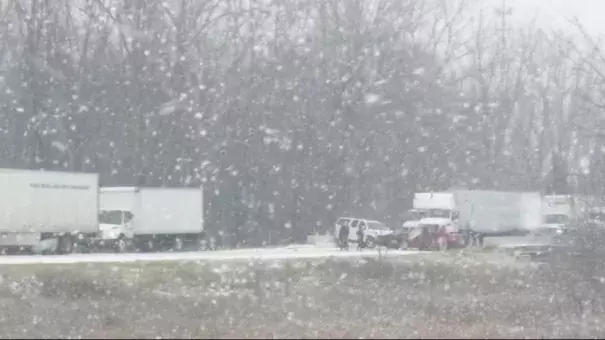 A shot of the major pileup that occurred on I-96 near Fowlerville, Michigan, Thursday morning. Photo: The Weather Channel
