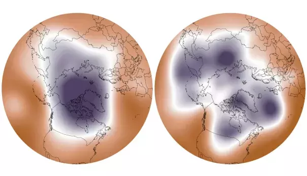 A strong polar vortex (left, from December 2013) is centered over the Arctic. A weakened polar vortex (right, from January 2014) allows cold air to dip farther south. Image: NOAA