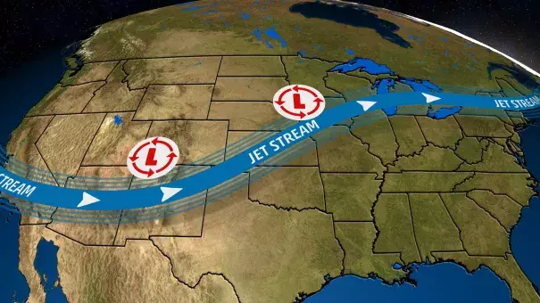 The general jet stream pattern which has brought heavy snow, flooding rain and tornadoes to the central US. so far in 2019. Credit: The Weather Channel