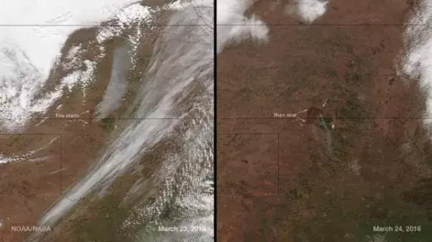 The Anderson Creek wildfire on the Oklahoma-Kansas border is seen NOAA images taken by the Suomi NPP satellite's VIIRS instrument around 3:50 pm ET (1950 GMT) on March 23, 2016, and around 3:30 pm ET (1930 GMT) on March 24, 2016. Image: NOAA