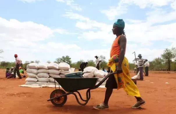 A villager uses a wheelbarrow to collect a monthly food ration provided by the United Nations World Food Programme (WFP) in Masvingo, Zimbabwe, January 25, 2016. Photo: Philimon Bulawayo, Reuters