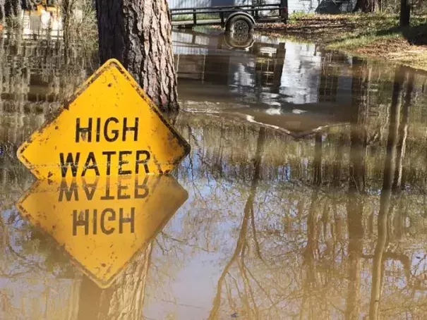 A high water sign is submerged near Lake Bistineau in Webster Parish, Louisiana March 14, 2016. Photo: Therese Apel, Reuters