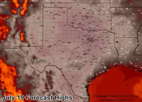 European model forecast highs for the July 19, the first day of a major heat wave. Credit: Weathermodels.com modified by CWG