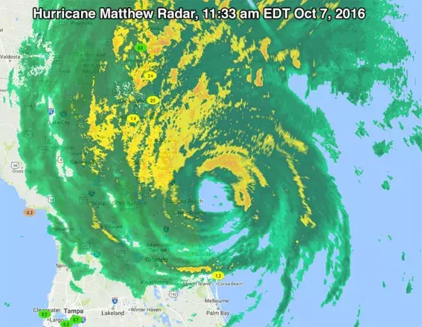 Hurricane Matthew radar at 11:33 am EDT Friday, October 7, 2016, as seen on our wundermap with the storm surge layer turned on. Storm surge levels of 1.2 - 2.4’ were along the east coast of Florida. Image: Weather Underground
