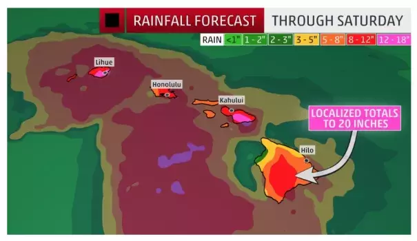 This should be interpreted as a broad outlook of where the heaviest rain may fall and may shift based on the forecast path of the tropical cyclone. Higher amounts may occur where bands of rain stall over a few hours or in mountainous locations. Credit: The Weather Channel