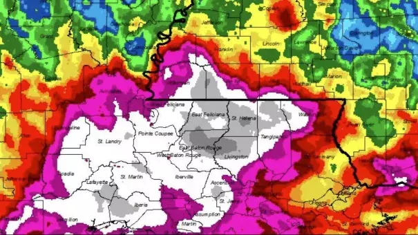 Heaviest rainfall amounts topping 24 inches (darker gray) were east of Baton Rouge, Louisiana. Image: NOAA